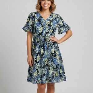 Talbots Colorful Blue Yellow V Neck Flutter Sleeve Dress Size 14‎